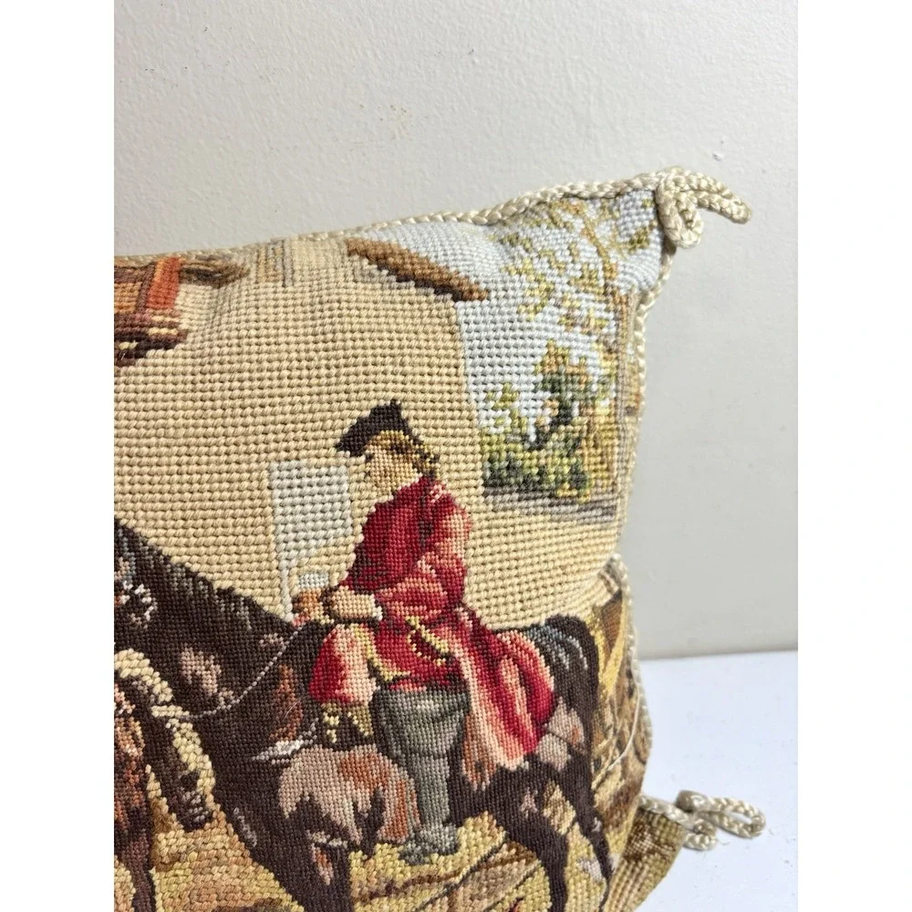 Petit Point Wool Horse Riders Colonial Needlepoint Pillow Zip Velvet Back 10x15